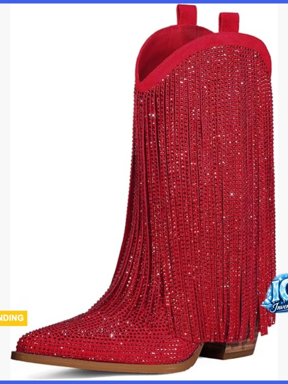 Suede Cowboy Boots with Rhinestone Sparkly Fringe Chunky Heel